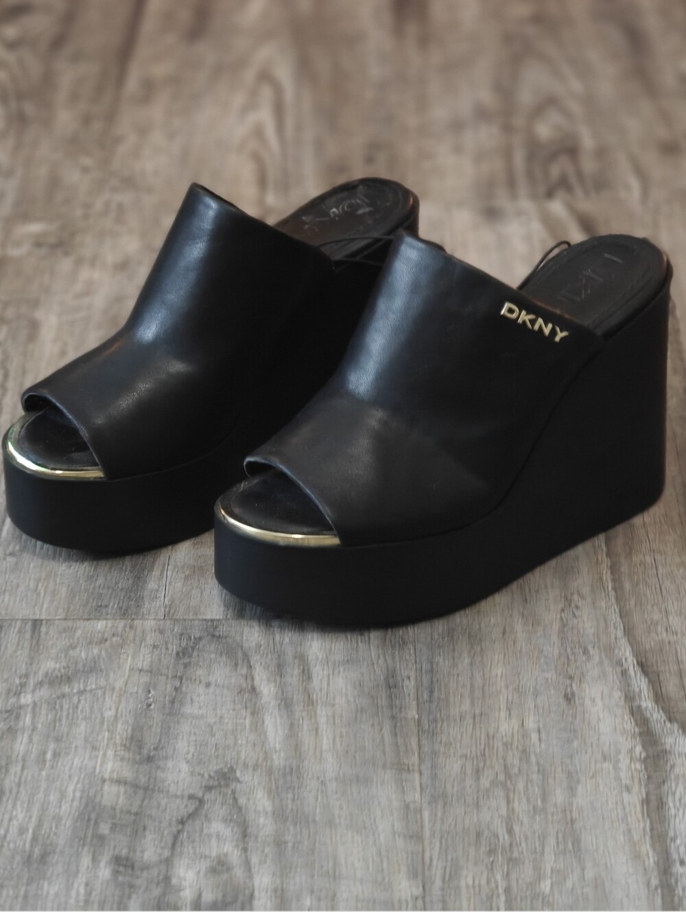 DKNY Black Platform Wedge Mules